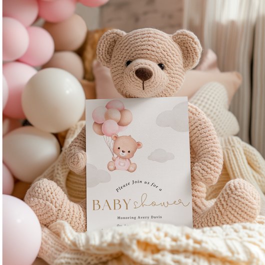 Meisje Beer met ballonnen Baby shower Uitnodiging