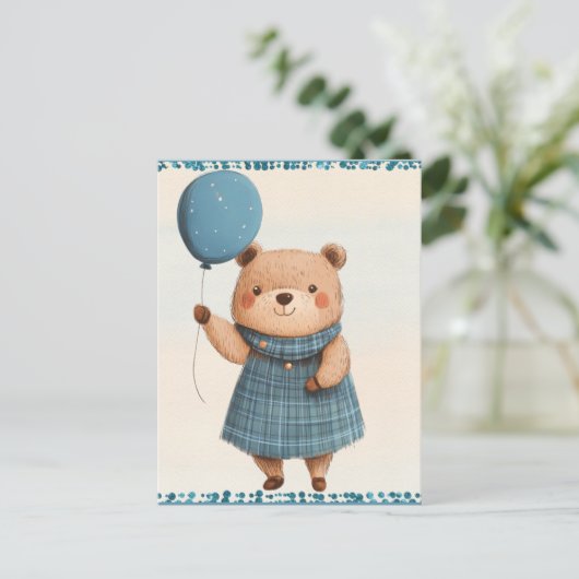 Meisje Beer met Blue Plaid Jurk en Ballon Briefkaart (Staand voorkant)