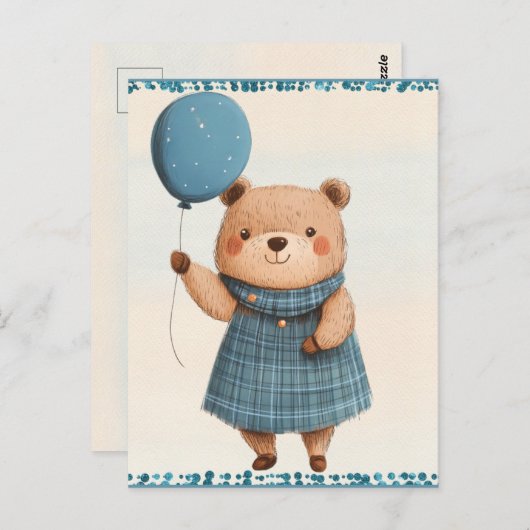 Meisje Beer met Blue Plaid Jurk en Ballon Briefkaart (Voorkant / Achterkant)