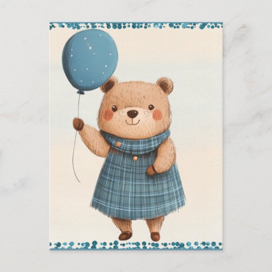 Meisje Beer met Blue Plaid Jurk en Ballon Briefkaart (Voorkant)
