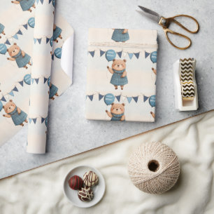 Meisje Beer met Blue Plaid Jurk en Ballon Cadeaupapier