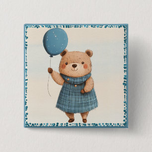 Meisje Beer met Blue Plaid Jurk en Ballon Vierkante Button 5,1 Cm