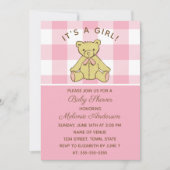 Meisje Beer Roze Baby shower Invitation Kaart (Voorkant)
