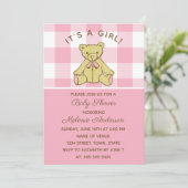 Meisje Beer Roze Baby shower Invitation Kaart (Staand voorkant)