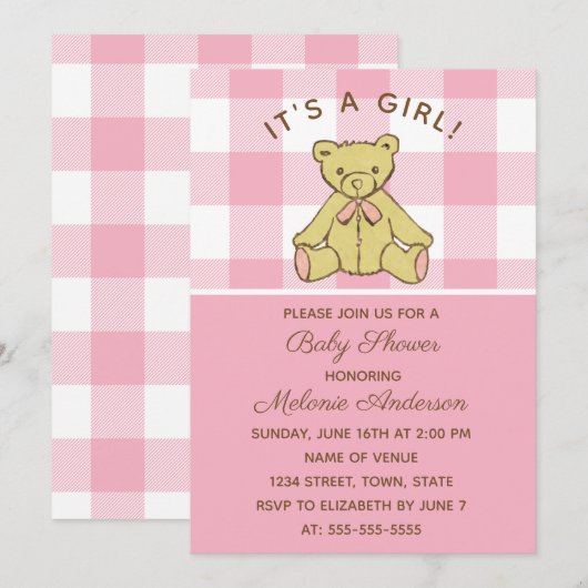 Meisje Beer Roze Baby shower Invitation Kaart (Voorkant / Achterkant)