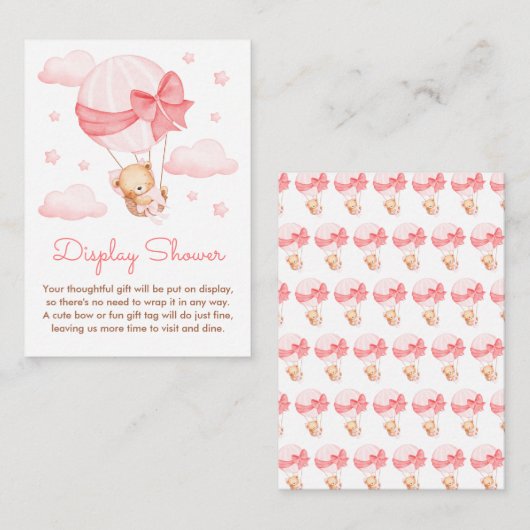 Meisje Beer Roze Ballon Baby Display Douche Informatiekaartje (Voorkant / Achterkant)