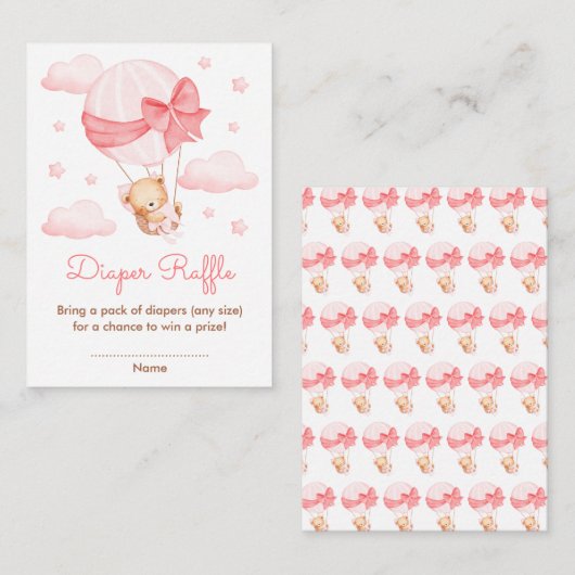 Meisje Beer Roze Ballon Baby shower Luier Raffle Informatiekaartje (Voorkant / Achterkant)