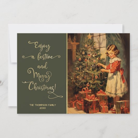  meisje bereidt kerstboom voor feestdagenkaart (Voorkant)