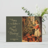  meisje bereidt kerstboom voor feestdagenkaart (Staand voorkant)