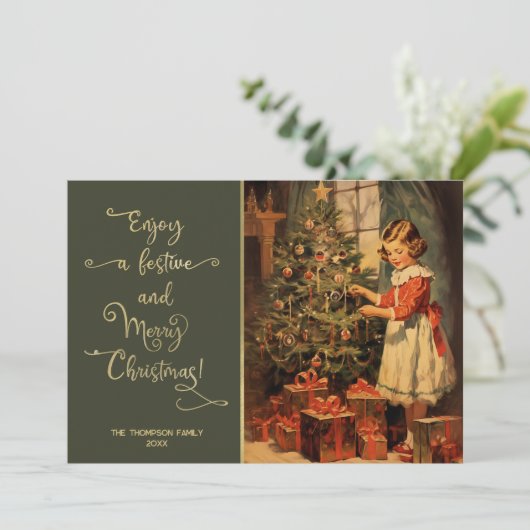  meisje bereidt kerstboom voor feestdagenkaart (Staand voorkant)