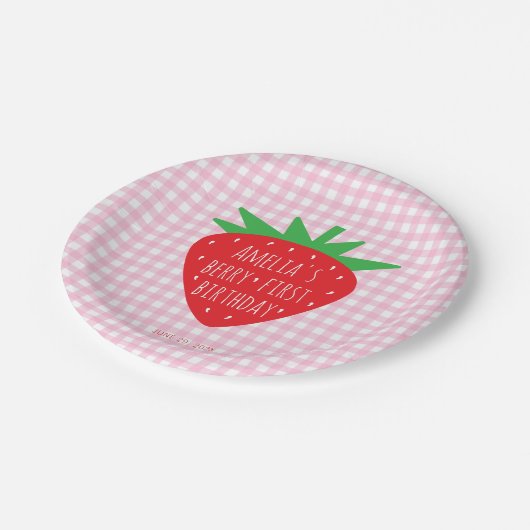 Meisje Berry Eerste Verjaardag Aardbei op Pink Pla Papieren Bordje (Gekanteld)