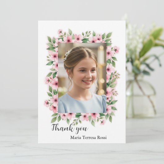 Meisje Bevestiging Aangepaste Foto Bloemen Dank u Bedankkaart (Staand voorkant)