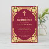 Meisje bevestiging bordeaux gouden kruis elegant kaart (Staand voorkant)