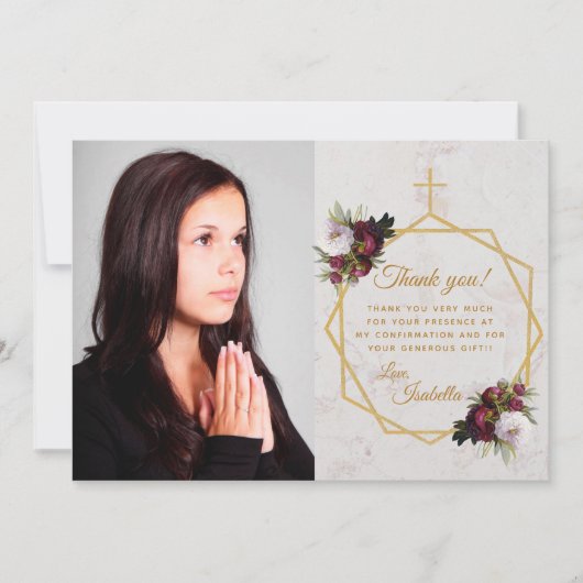Meisje Bevestiging Bourgondië Pioen Gouden Kruis M Bedankkaart (Voorkant)