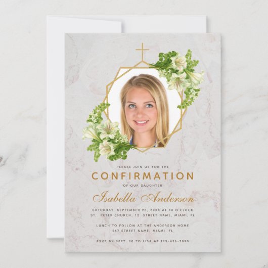 Meisje Bevestiging Foto Bloemen Marmeren Witte Lel Kaart (Voorkant)