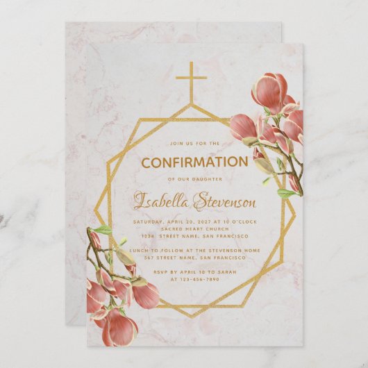 Meisje bevestiging Goud Roze Magnolia Marmeren Blo Kaart (Voorkant / Achterkant)