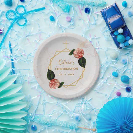 Meisje bevestiging Marmer Roze Camellia Bloemen Go Papieren Bordje (Feest)