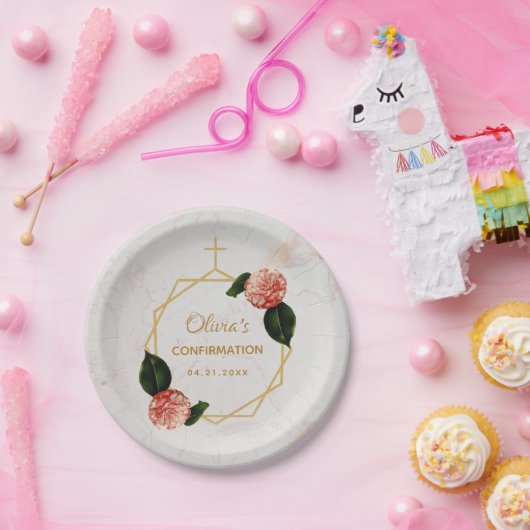 Meisje bevestiging Marmer Roze Camellia Bloemen Go Papieren Bordje (Feest)