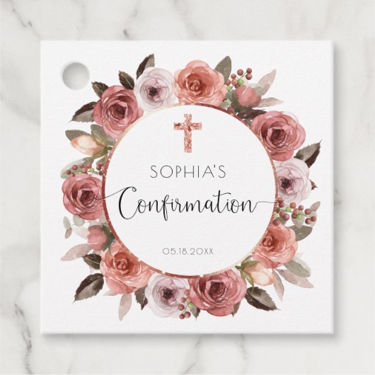 Meisje Bevestiging Roos Goud, Blush Floral Bedankjes Labels (Voorkant)