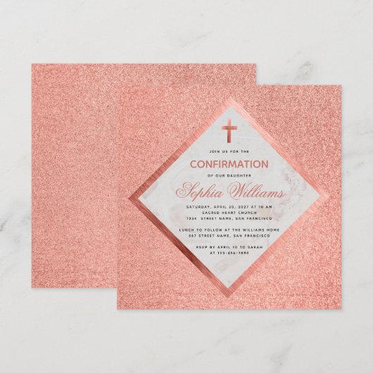 Meisje Bevestiging Roze Rose Goud Marmeren Kruis Kaart (Voorkant / Achterkant)