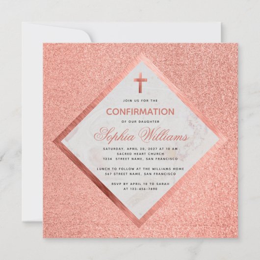 Meisje Bevestiging Roze Rose Goud Marmeren Kruis Kaart (Voorkant)
