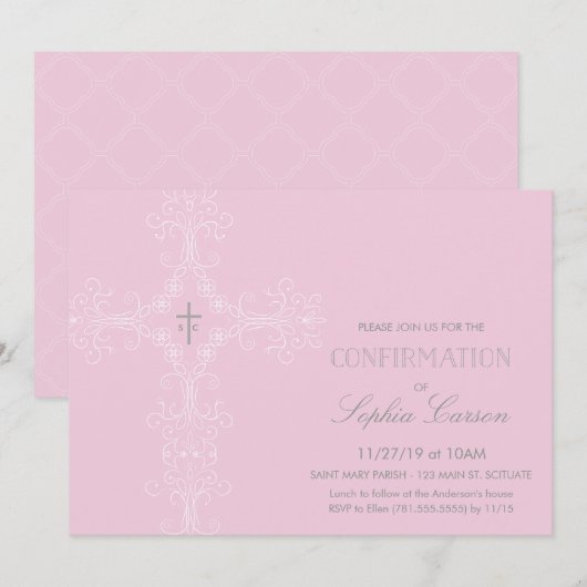 Meisje Bevestiging Uitnodiging met Elegant Kruis (Voorkant / Achterkant)