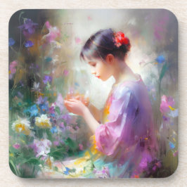 Meisje bewondering van een bloem in haar handen bier onderzetter