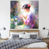 Meisje bewondering van een bloem in haar handen canvas afdruk (Insitu (Slaapkamer))