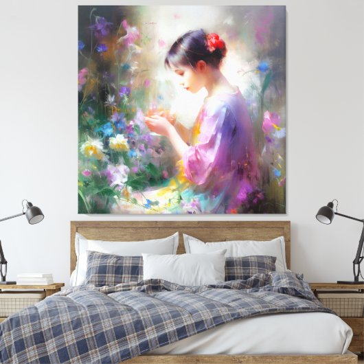 Meisje bewondering van een bloem in haar handen canvas afdruk (Insitu (Slaapkamer))