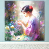 Meisje bewondering van een bloem in haar handen canvas afdruk (Insitu (Houten vloer))