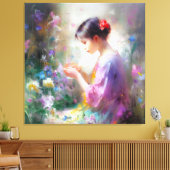 Meisje bewondering van een bloem in haar handen canvas afdruk (Insitu (Woonkamer))