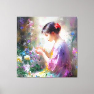 Meisje bewondering van een bloem in haar handen canvas afdruk