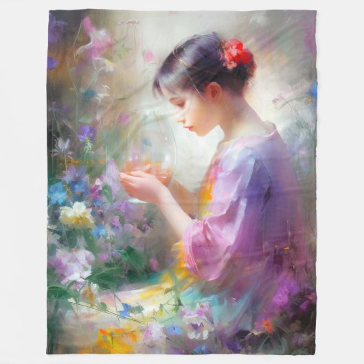 Meisje bewondering van een bloem in haar handen fleece deken (Voorkant)