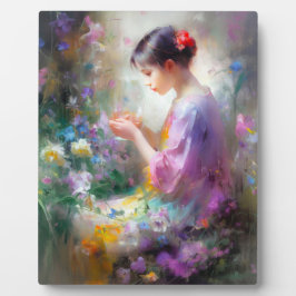 Meisje bewondering van een bloem in haar handen fotoplaat