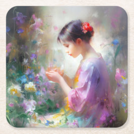 Meisje bewondering van een bloem in haar handen kartonnen onderzetters