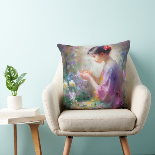 Meisje bewondering van een bloem in haar handen kussen (Stoel)