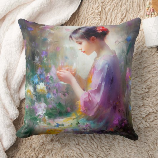 Meisje bewondering van een bloem in haar handen kussen (Deken)