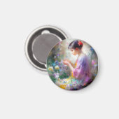 Meisje bewondering van een bloem in haar handen magneet (Voorkant / Achterkant)