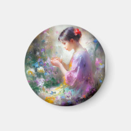 Meisje bewondering van een bloem in haar handen magneet