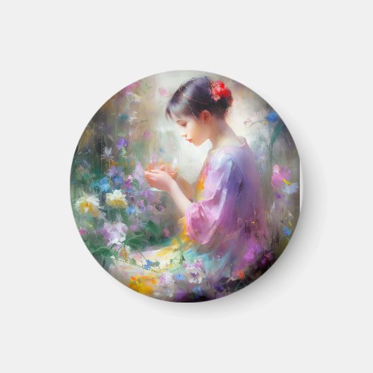 Meisje bewondering van een bloem in haar handen magneet (Voorkant)