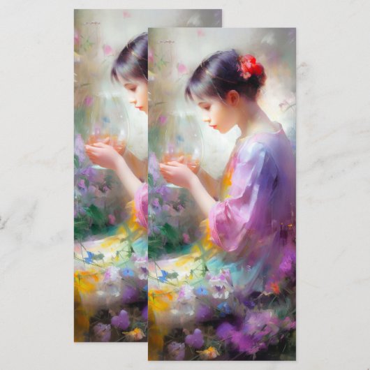 Meisje bewondering van een bloem in haar handen menu (Voorkant / Achterkant)