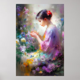 Meisje bewondering van een bloem in haar handen poster