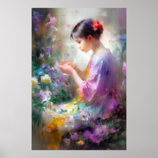 Meisje bewondering van een bloem in haar handen poster (Voorkant)