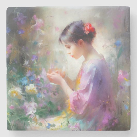Meisje bewondering van een bloem in haar handen stenen onderzetter (Voorkant)