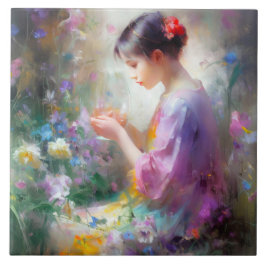 Meisje bewondering van een bloem in haar handen tegeltje