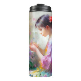 Meisje bewondering van een bloem in haar handen thermosbeker