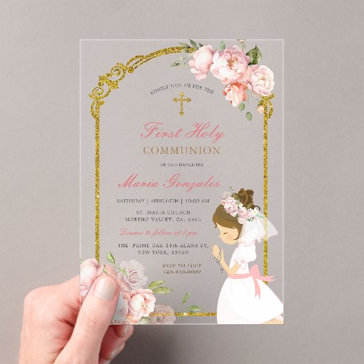 Meisje Bidden Goud Eerste Heilige Communie krullen Acryl Uitnodigingen (Insitu (Draagbaar))