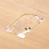 Meisje Bidden Goud Eerste Heilige Communie krullen Acryl Uitnodigingen (Laagn)