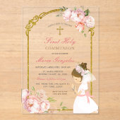 Meisje Bidden Goud Eerste Heilige Communie krullen Acryl Uitnodigingen (Voorkant)