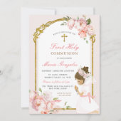 Meisje Bidden Goud Eerste Heilige Communie krullen Kaart (Voorkant)